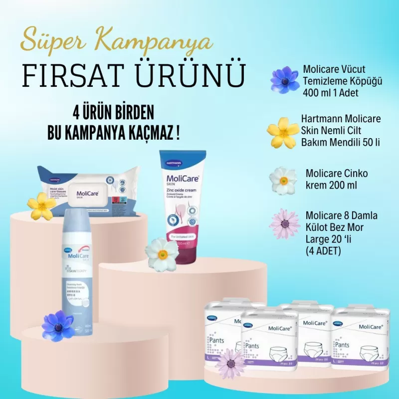 MOLİCARE 8 DAMLA LARGE KULOTLU HASTA BEZİ 80 ADET+1 ADET CİNKO KREM+1 ADET KÖPÜK+1 ADET MENDİL MOLİCARE 8 DAMLA LARGE KULOTLU HASTA BEZİ 80 ADET+1 ADET CİNKO KREM+1 ADET KÖPÜK+1 ADET MENDİL